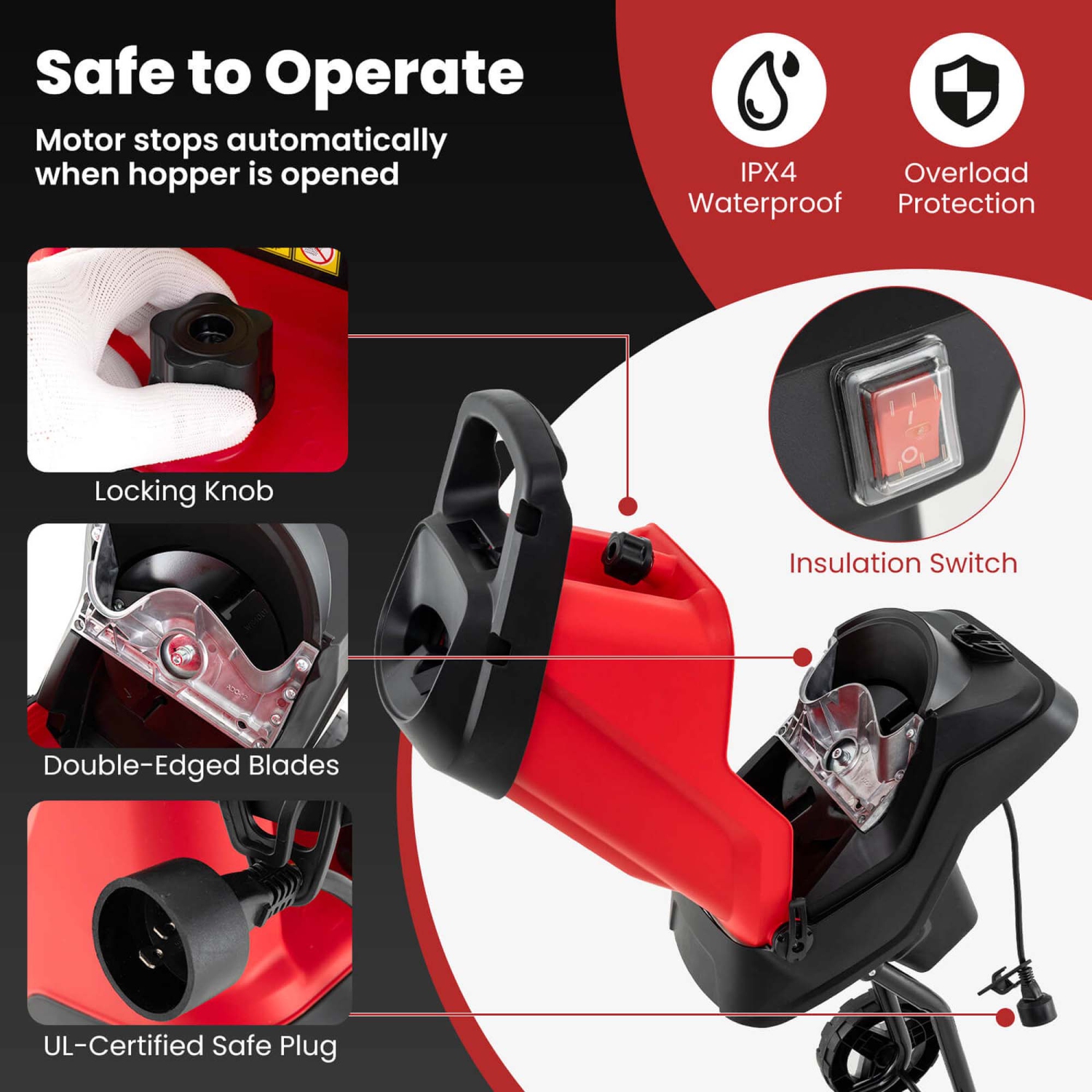 Déchiqueteuse à feuilles Ironmax 15 A avec piston et roulettes de sac de collecte pour branches