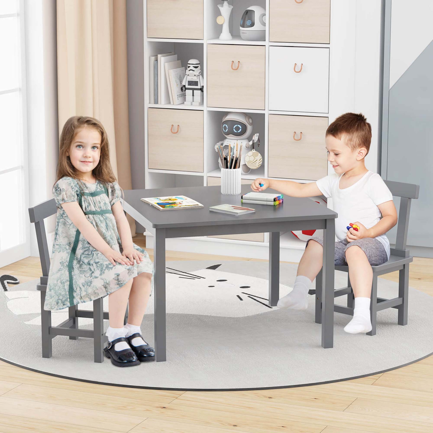 Costway Wooden Kids Table and 2 Chairs Set with Rubber Wood Legs Anti-slip Foot Pads