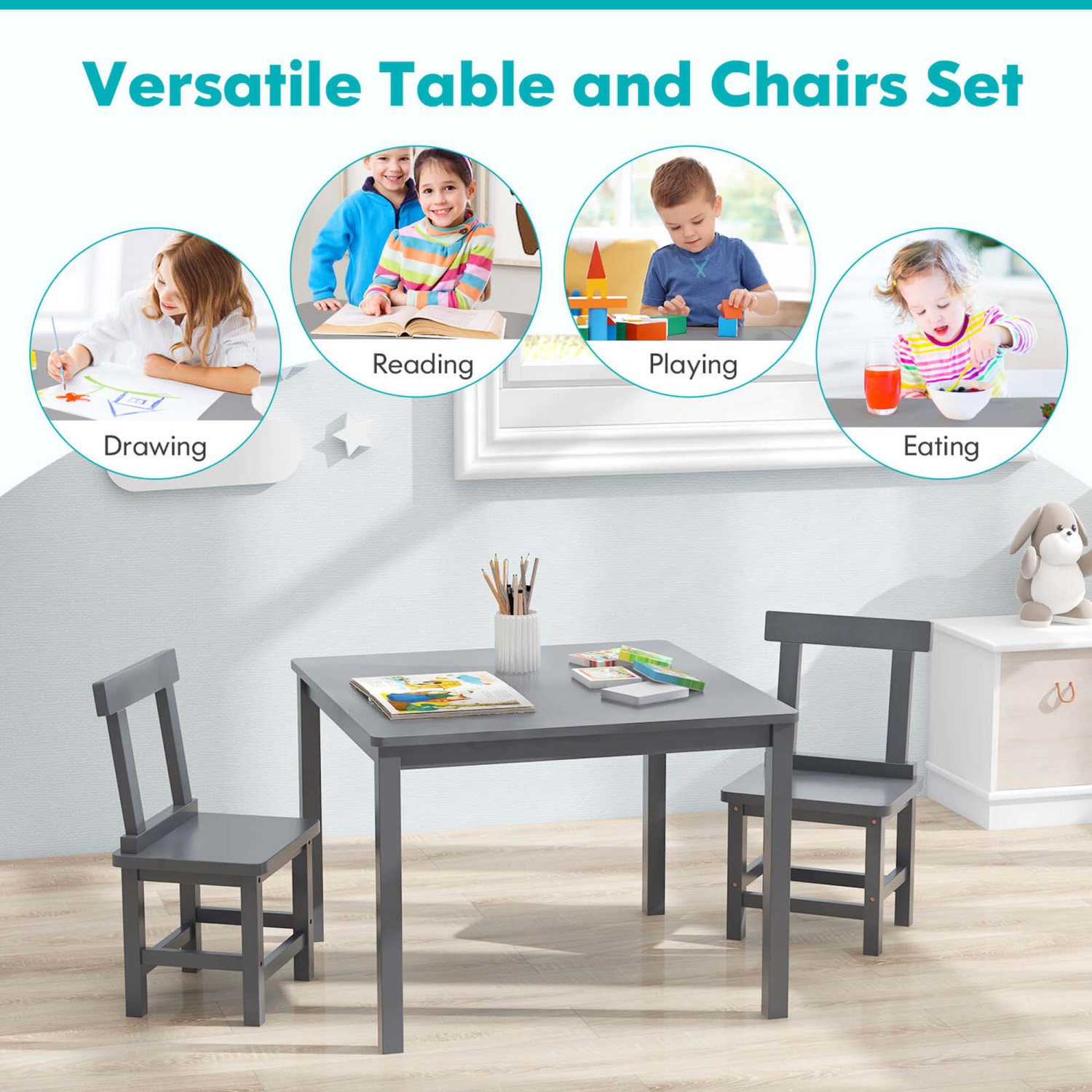 Costway Wooden Kids Table and 2 Chairs Set with Rubber Wood Legs Anti-slip Foot Pads
