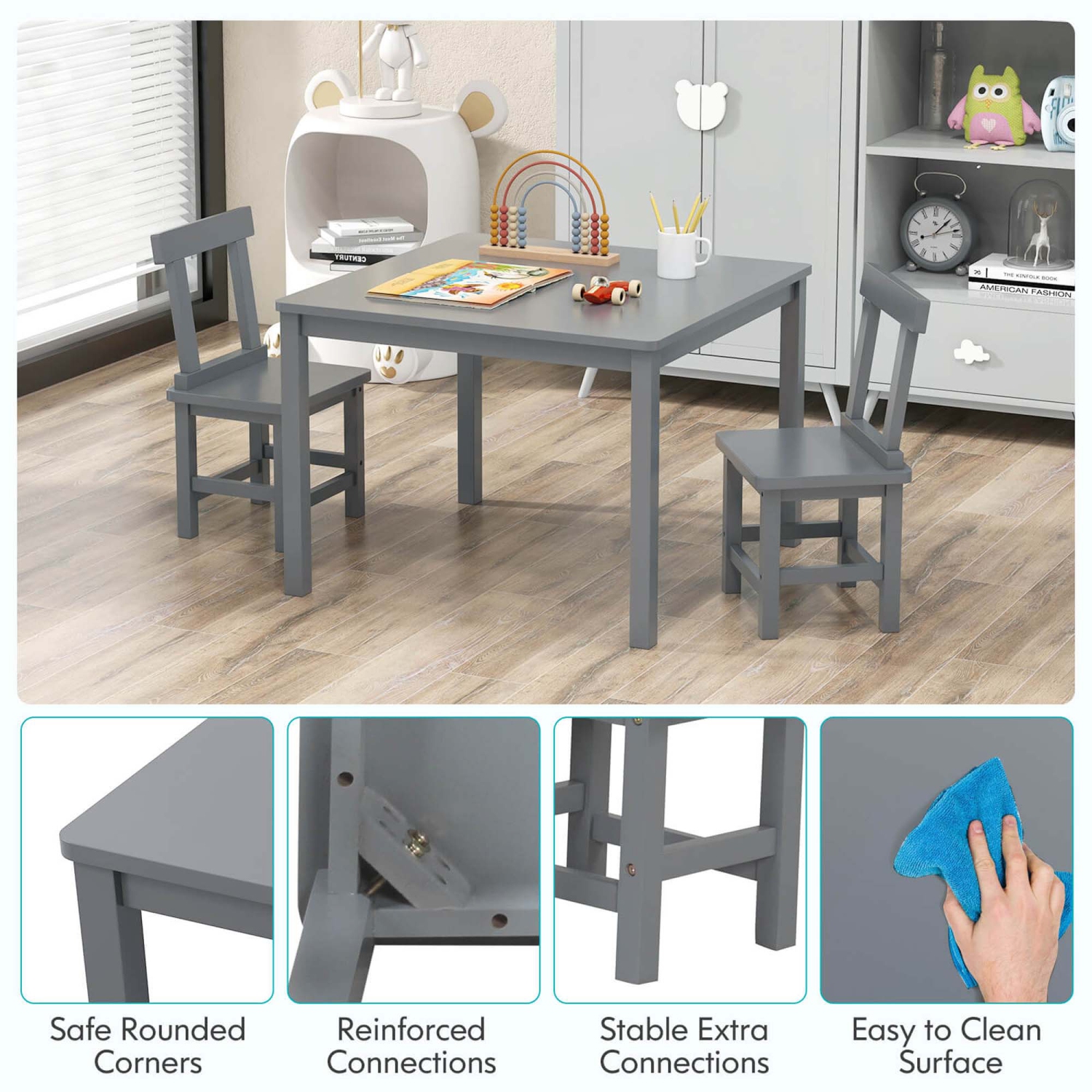 Costway Wooden Kids Table and 2 Chairs Set with Rubber Wood Legs Anti-slip Foot Pads