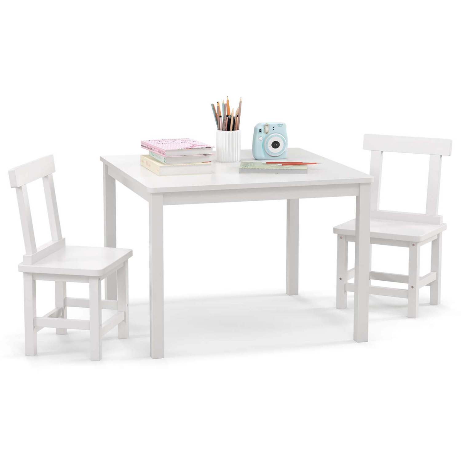 Costway Wooden Kids Table and 2 Chairs Set with Rubber Wood Legs Anti-slip Foot Pads