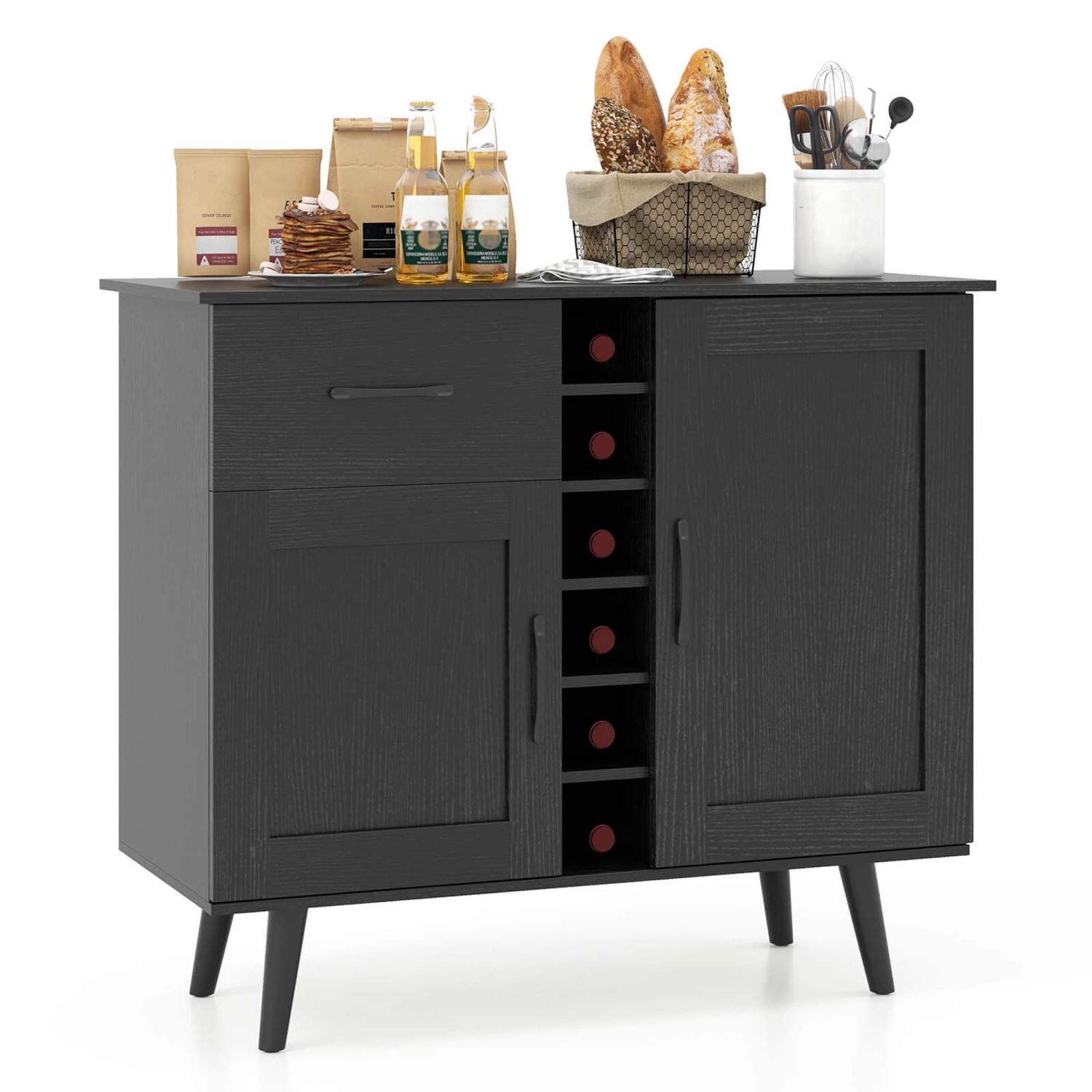 Costway 2-Door Wine Bar Cabinet Kitchen Sideboard Buffet with Drawer & Adjustable Shelves