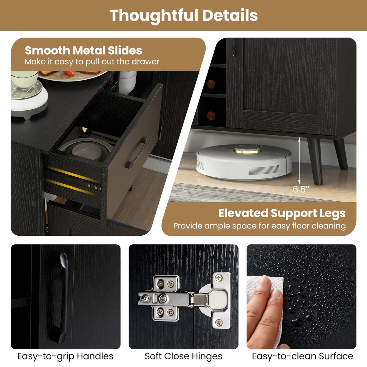 Costway 2-Door Wine Bar Cabinet Kitchen Sideboard Buffet with Drawer & Adjustable Shelves