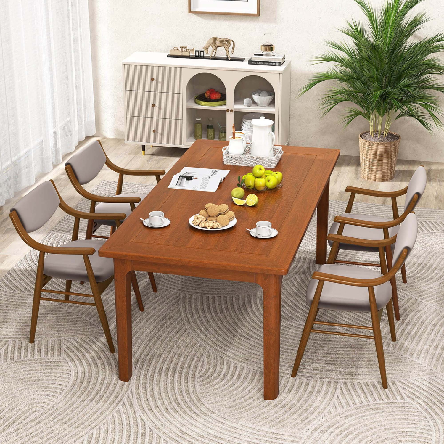 Costway PU Leather Dining Chair Set of 2 with Padded Seat & Back Armrests Rubber Wood Frame