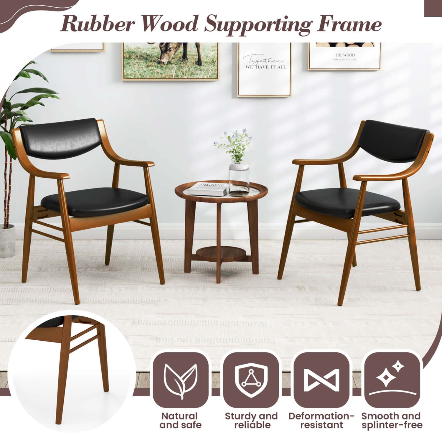 Costway PU Leather Dining Chair Set of 2 with Padded Seat & Back Armrests Rubber Wood Frame