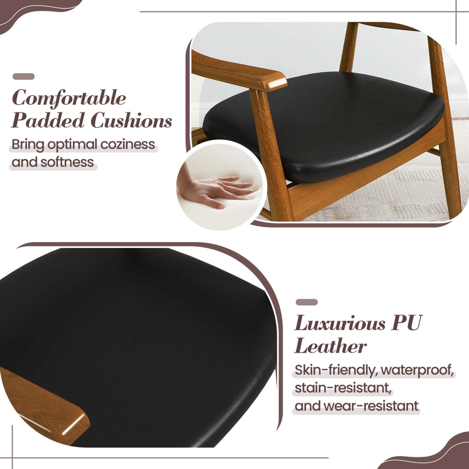 Costway PU Leather Dining Chair Set of 2 with Padded Seat & Back Armrests Rubber Wood Frame