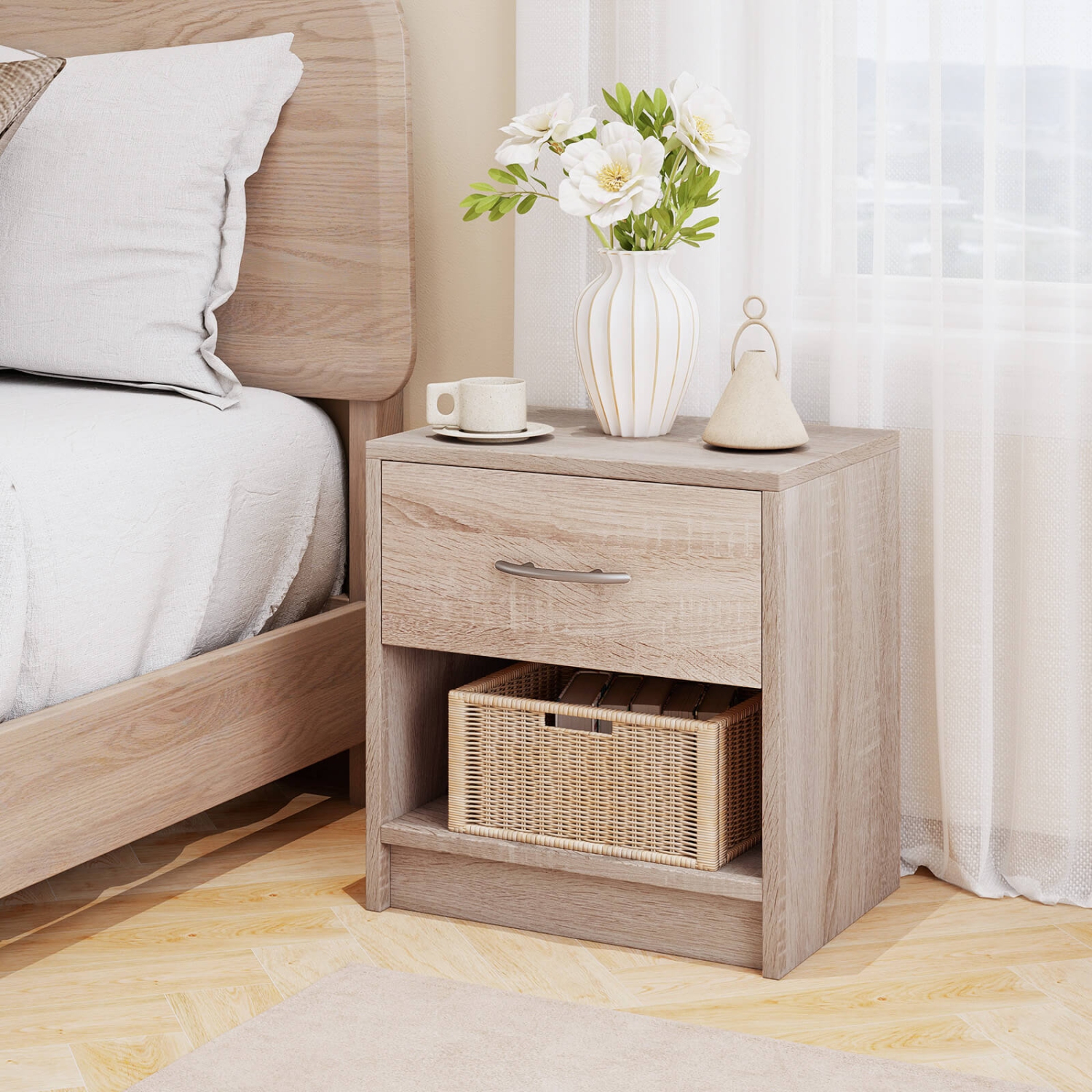 Costway Modern Nightstand Bedside Table with Drawer Open Storage Shelf for Small Spaces