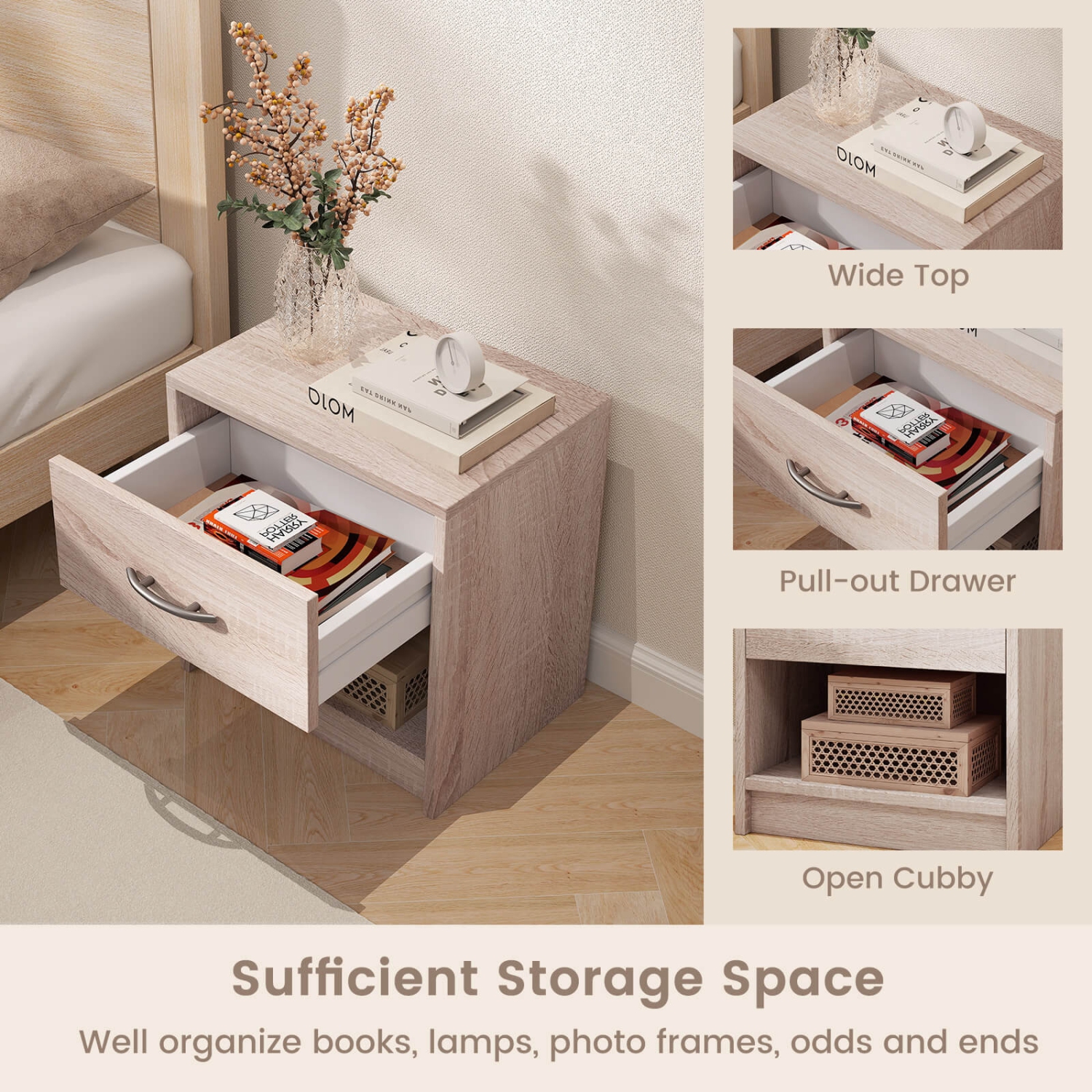 Costway Modern Nightstand Bedside Table with Drawer Open Storage Shelf for Small Spaces