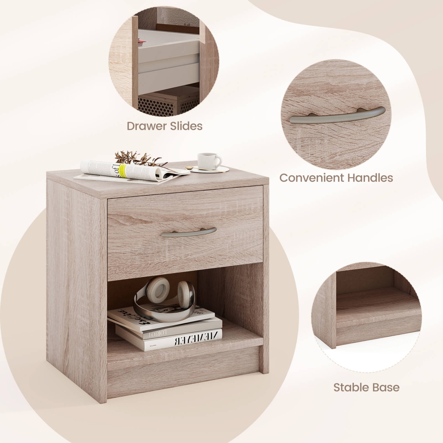 Costway Modern Nightstand Bedside Table with Drawer Open Storage Shelf for Small Spaces