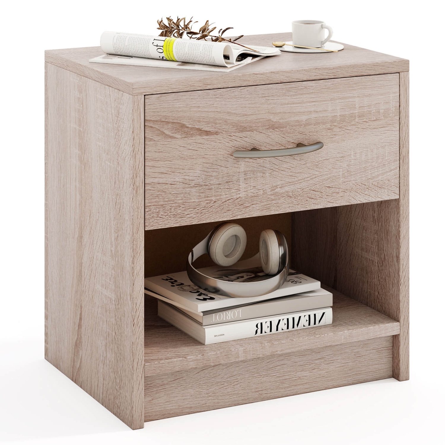 Costway Modern Nightstand Bedside Table with Drawer Open Storage Shelf for Small Spaces