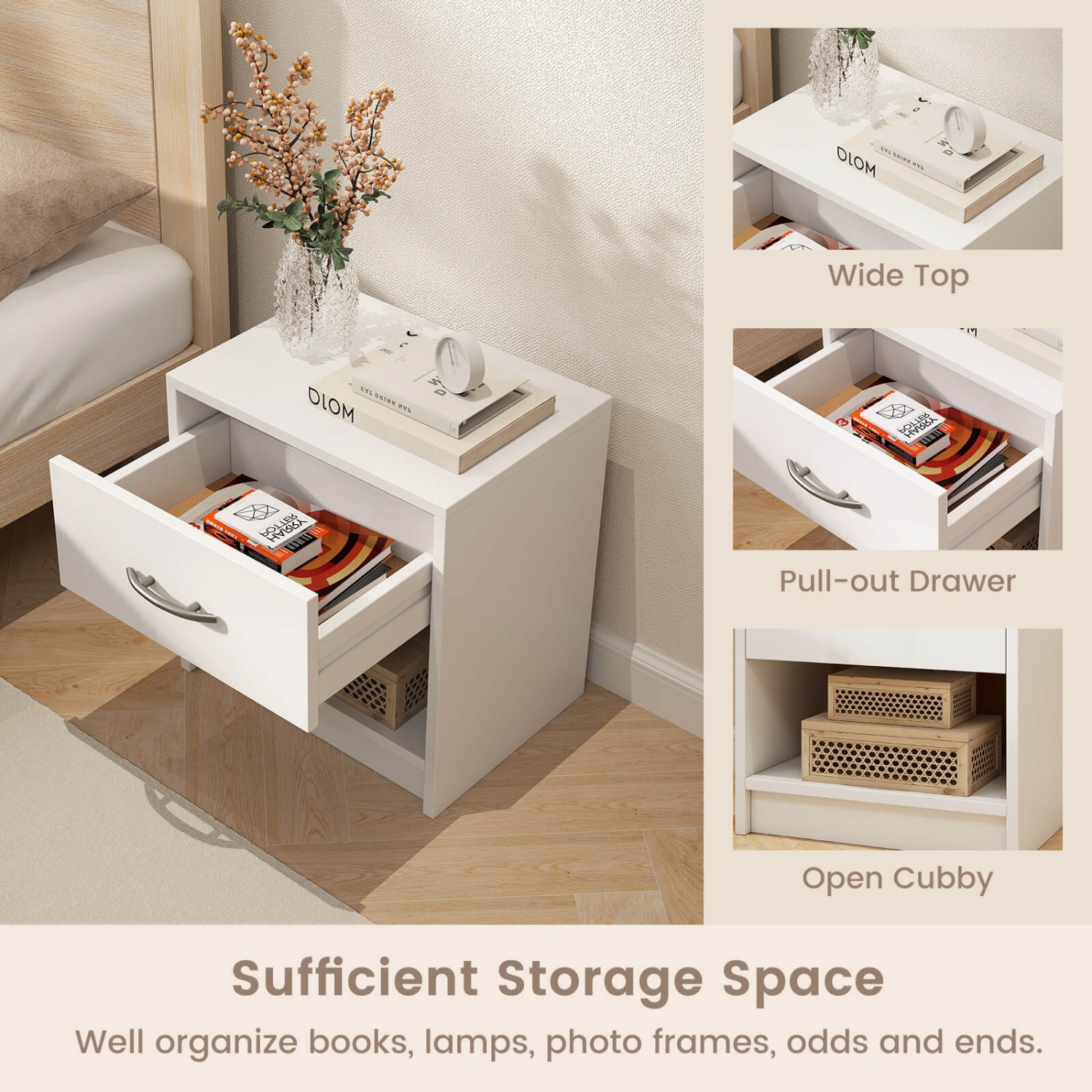 Table de chevet moderne Costway avec tiroir de rangement ouvert pour petits espaces