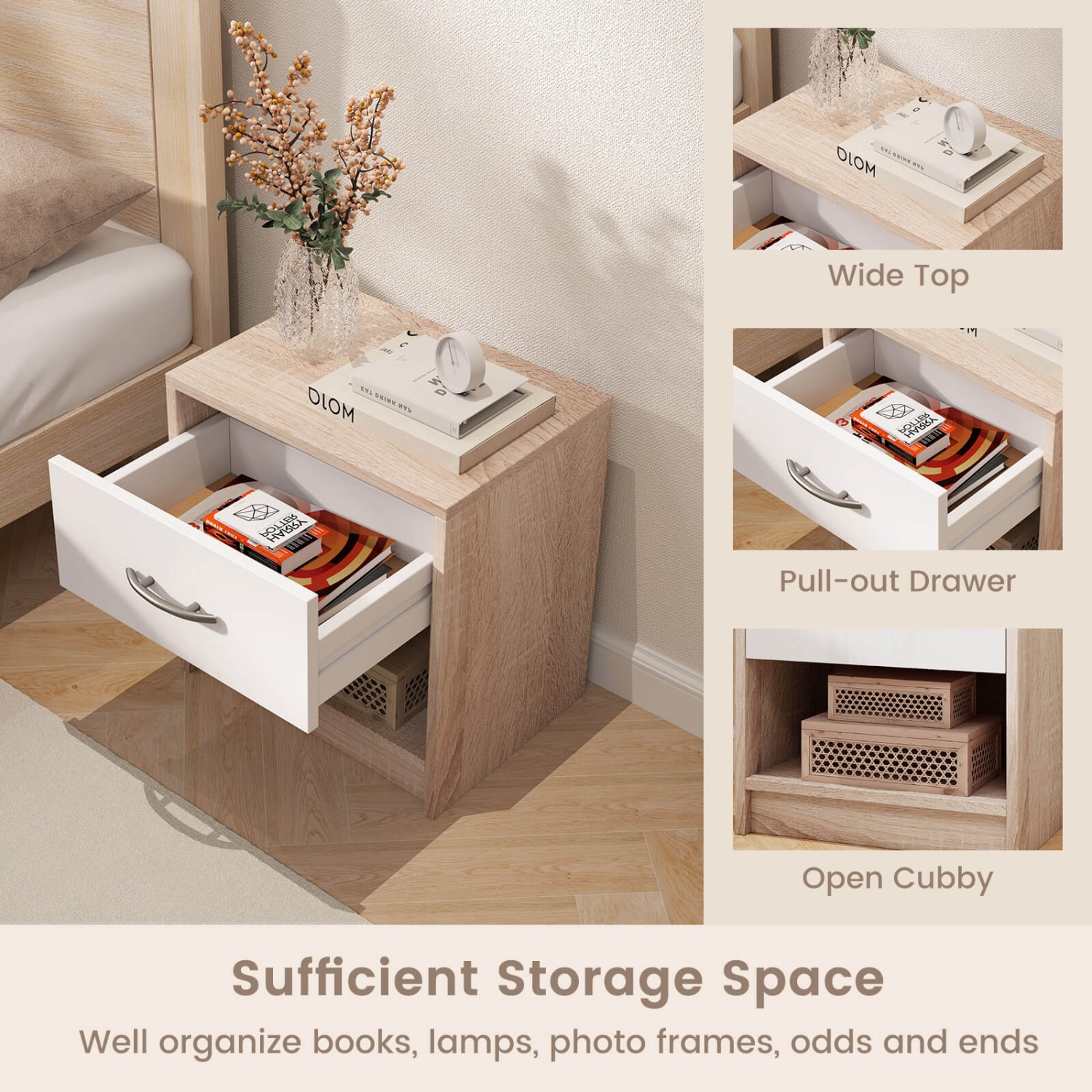 Table de chevet moderne Costway avec tiroir de rangement ouvert pour petits espaces