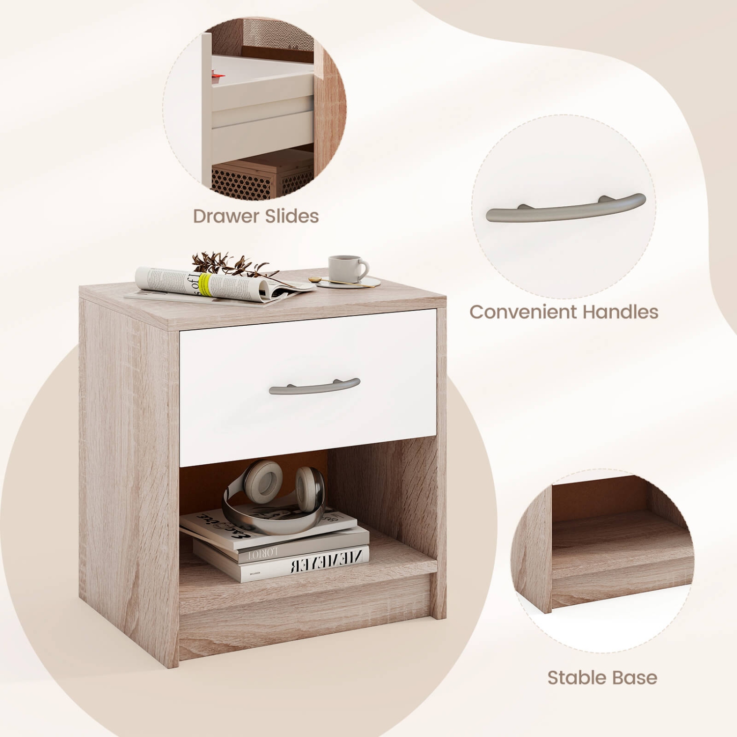 Table de chevet moderne Costway avec tiroir de rangement ouvert pour petits espaces