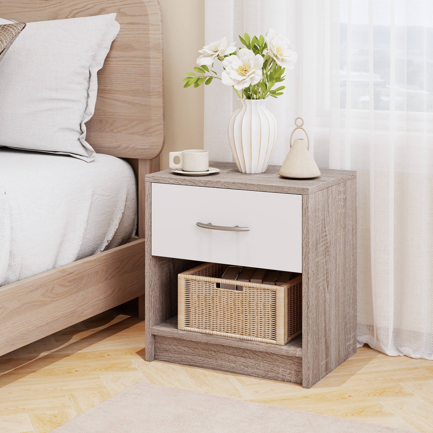 Costway Modern Nightstand Bedside Table with Drawer Open Storage Shelf for Small Spaces