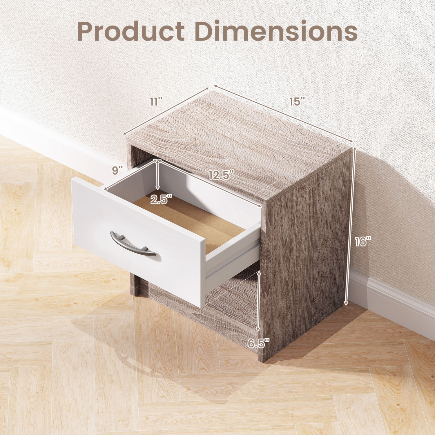 Costway Modern Nightstand Bedside Table with Drawer Open Storage Shelf for Small Spaces