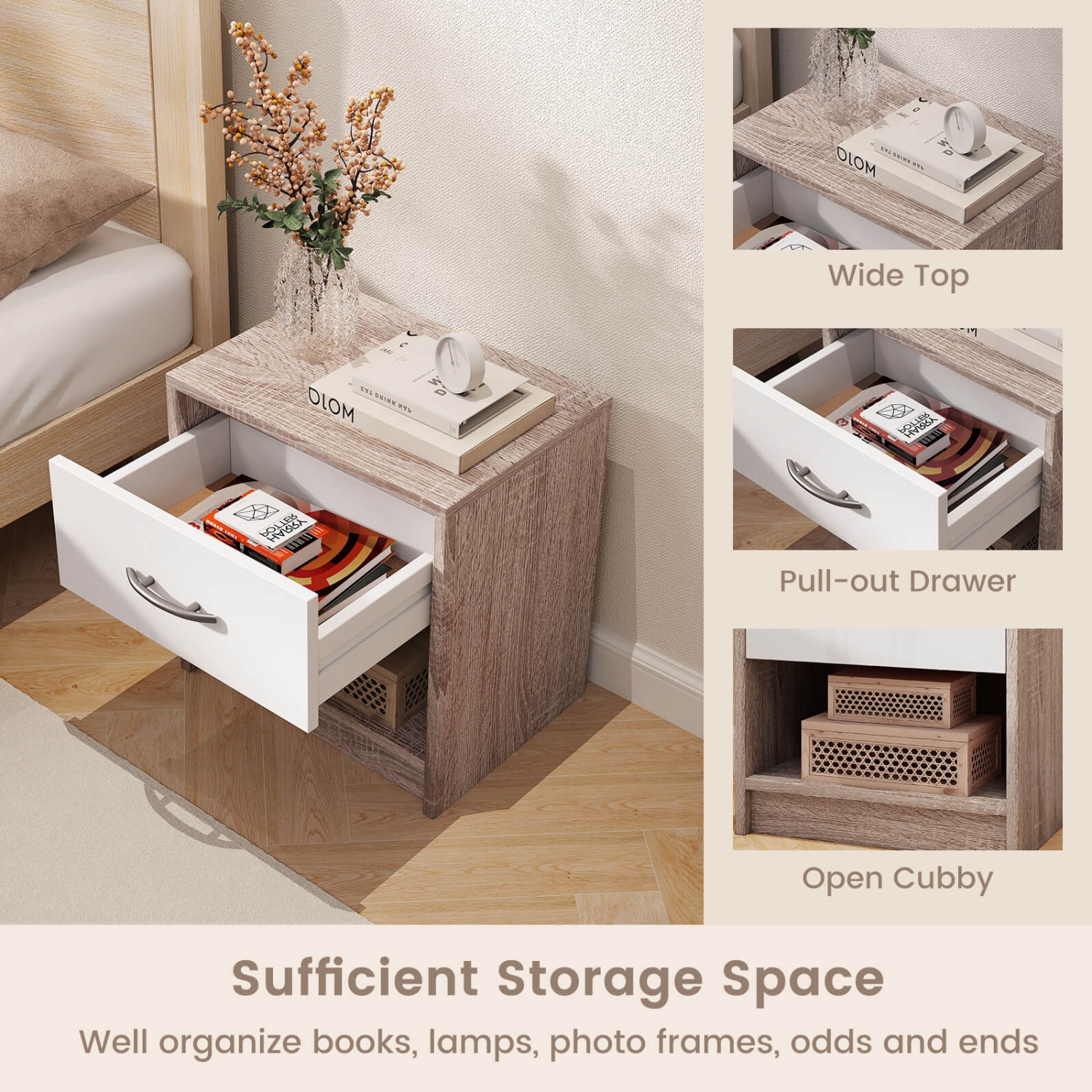 Costway Modern Nightstand Bedside Table with Drawer Open Storage Shelf for Small Spaces