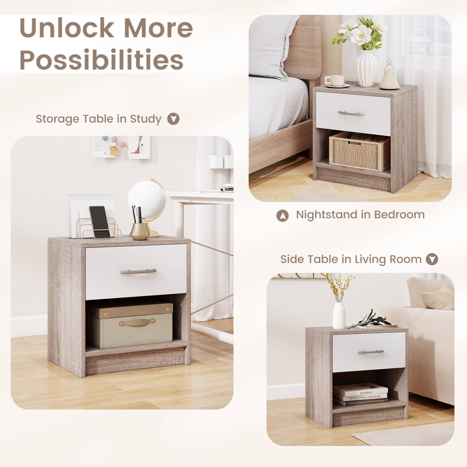 Costway Modern Nightstand Bedside Table with Drawer Open Storage Shelf for Small Spaces