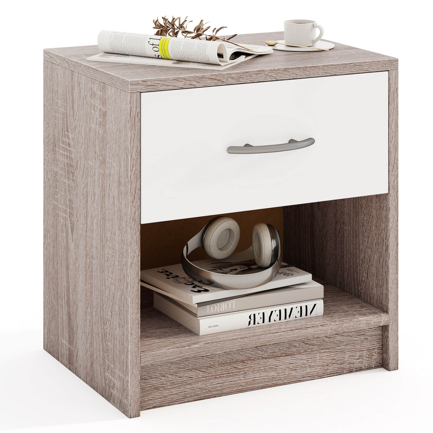 Costway Modern Nightstand Bedside Table with Drawer Open Storage Shelf for Small Spaces