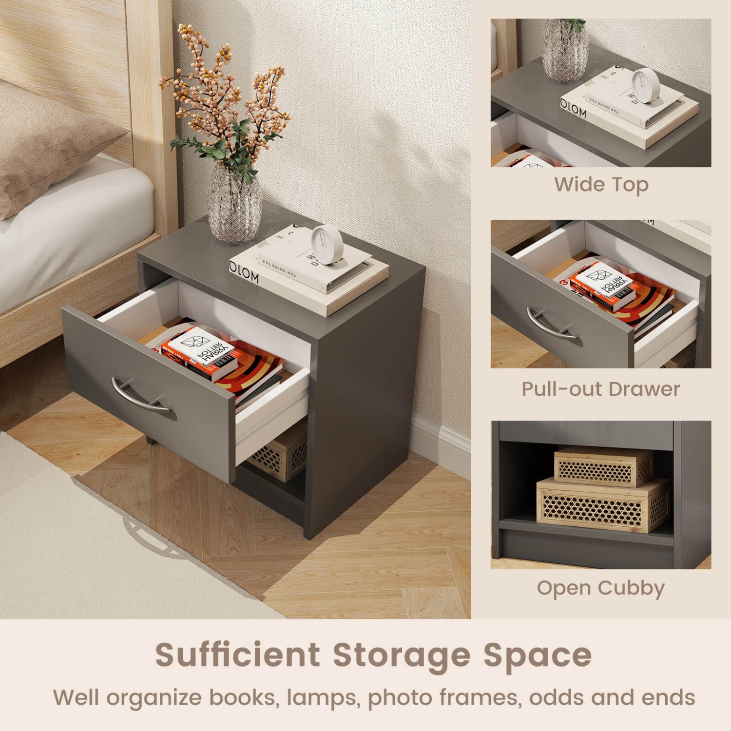 Table de chevet moderne Costway avec tiroir de rangement ouvert pour petits espaces