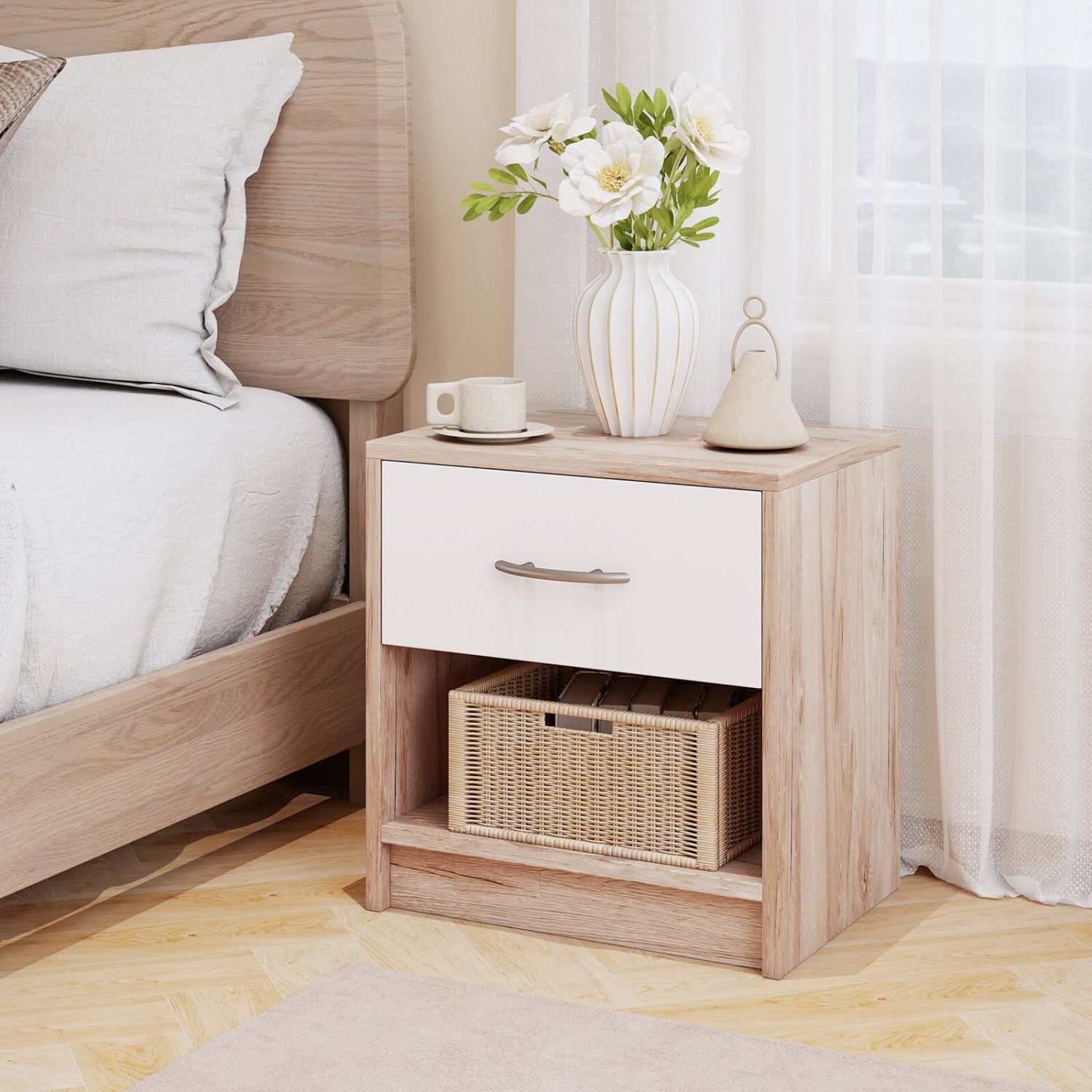 Costway Modern Nightstand Bedside Table with Drawer Open Storage Shelf for Small Spaces