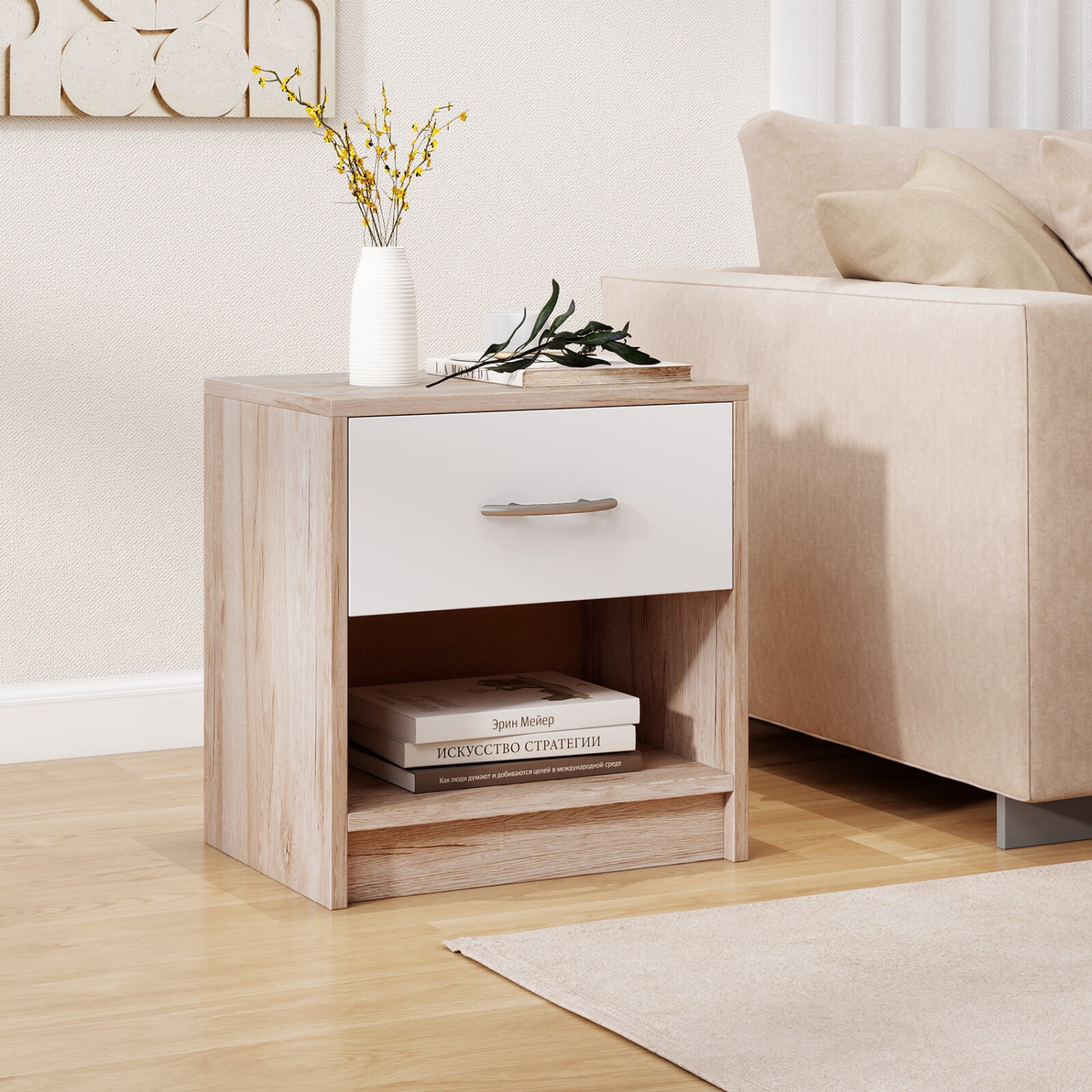 Costway Modern Nightstand Bedside Table with Drawer Open Storage Shelf for Small Spaces