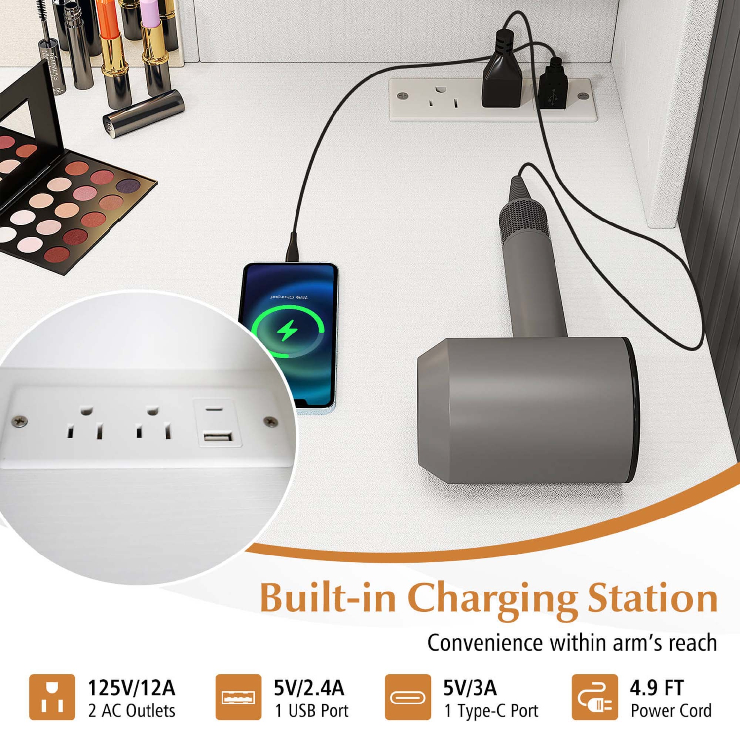 Meuble-lavabo de Costway avec station de recharge illuminée miroir 3 couleurs à intensité réglable LED