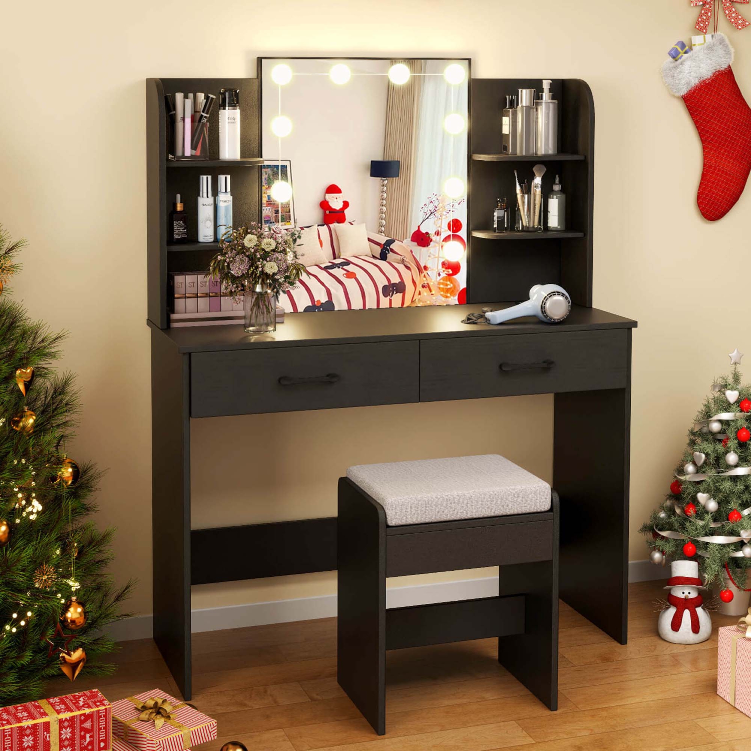 Costway Makeup Vanity Desk with Lighted Mirror Charging Station 3-Color Dimmable LED