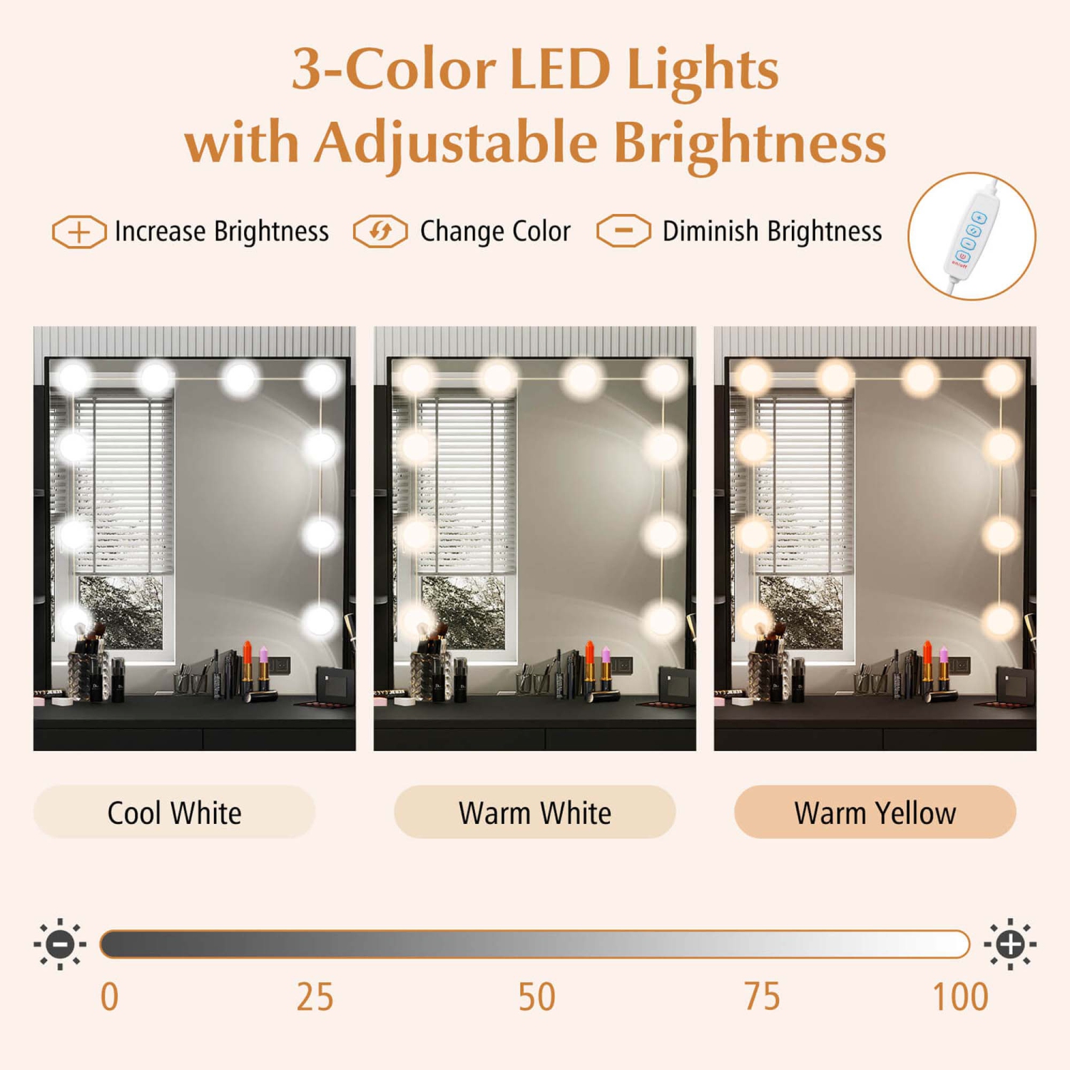 Costway Makeup Vanity Desk with Lighted Mirror Charging Station 3-Color Dimmable LED