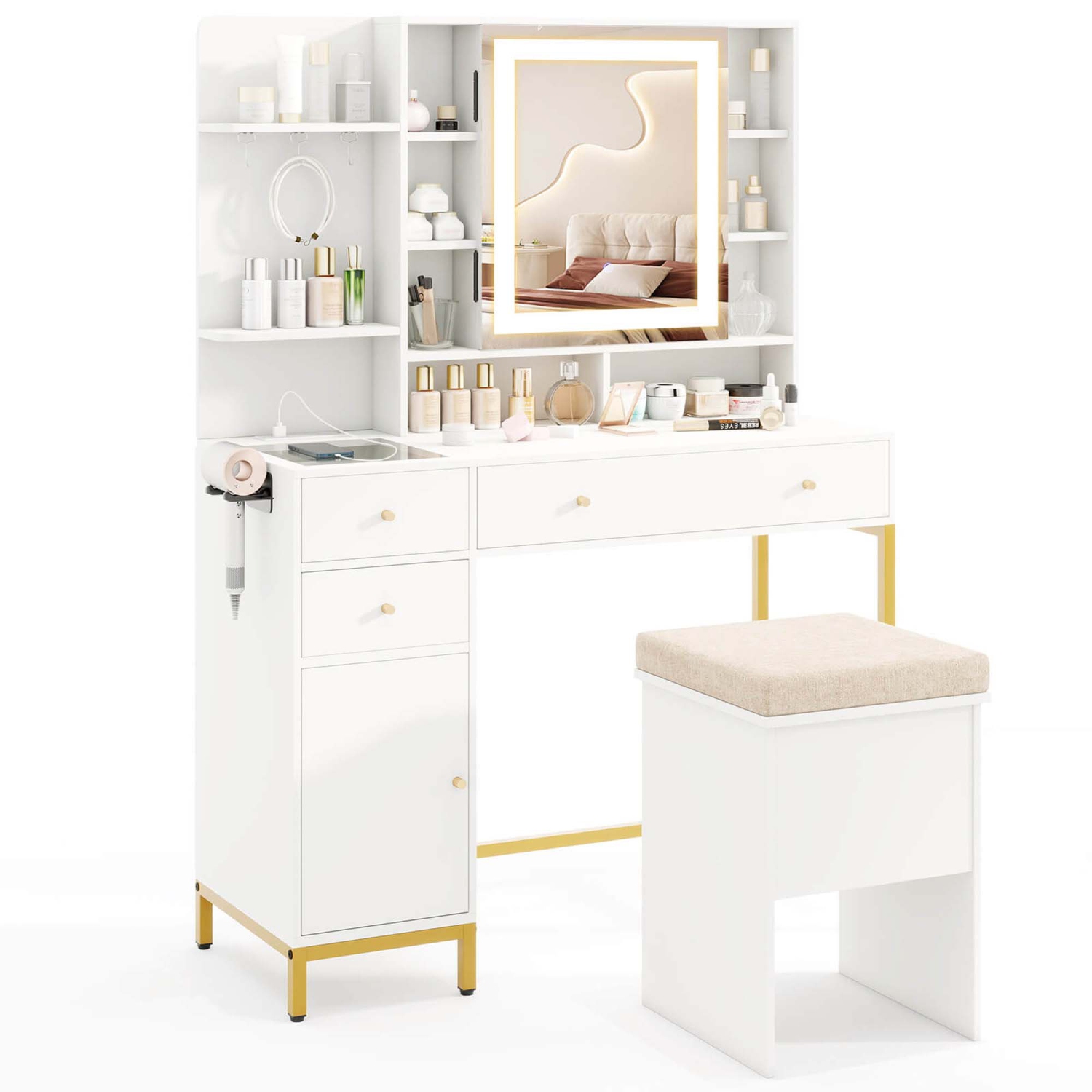Costway Makeup Vanity Desk with Lighted Mirror Charging Station 3-Color LED Lights