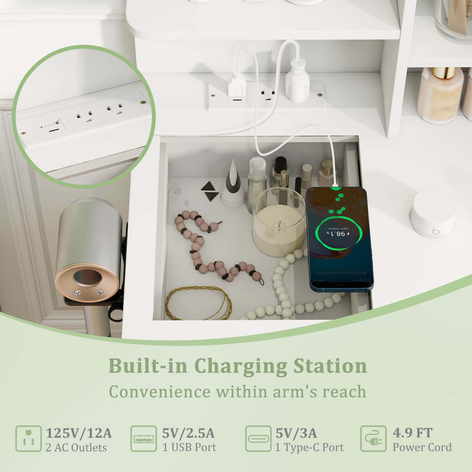 Costway Makeup Vanity Desk with Lighted Mirror Charging Station 3-Color LED Lights