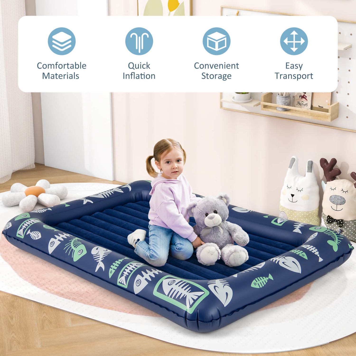 Costway Inflatable Kids Travel Bed Portable Air Mattress Set with Double-sided Mattress