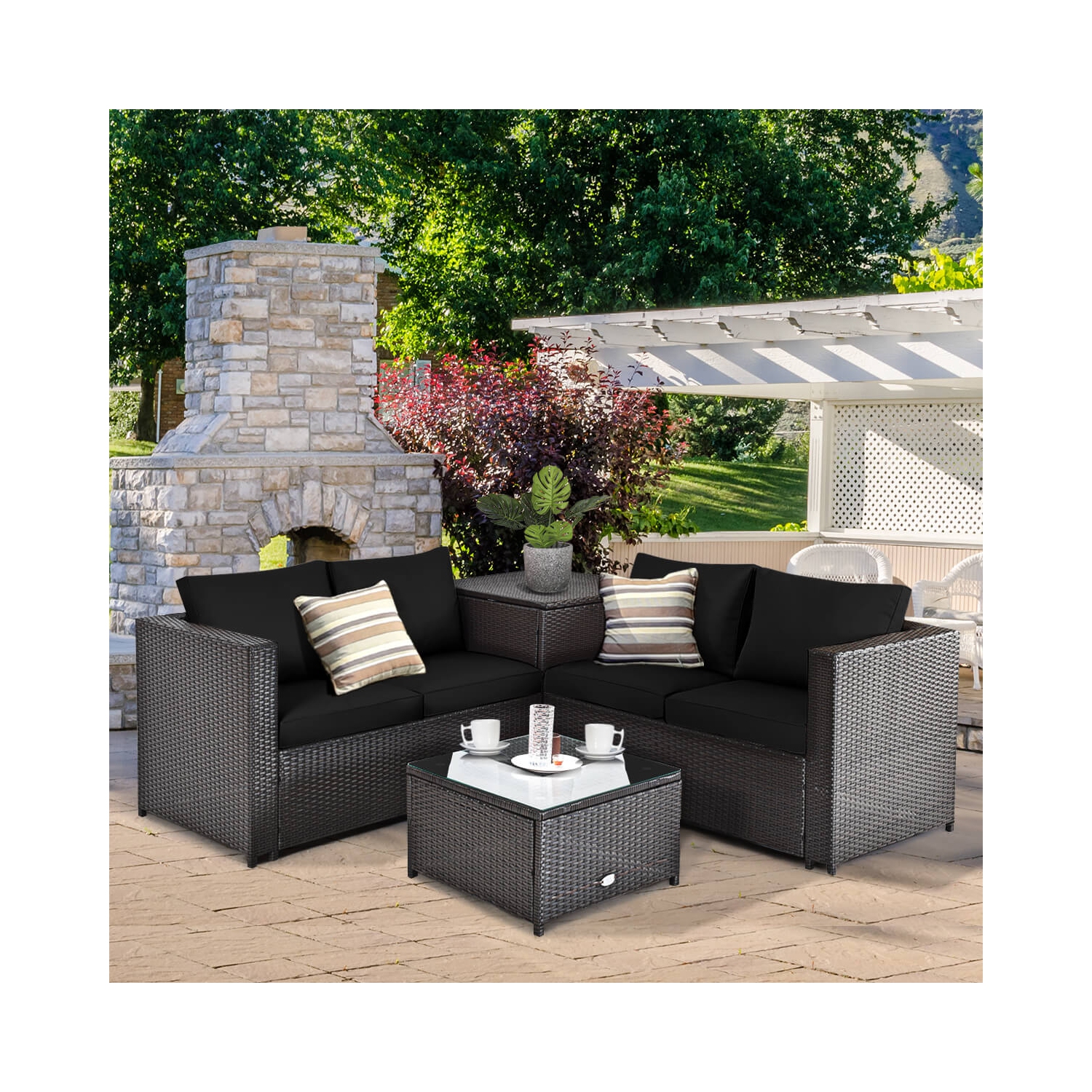 Costway 4PCS Outdoor Patio Rattan Furniture Set Cushioned Loveseat Storage Table