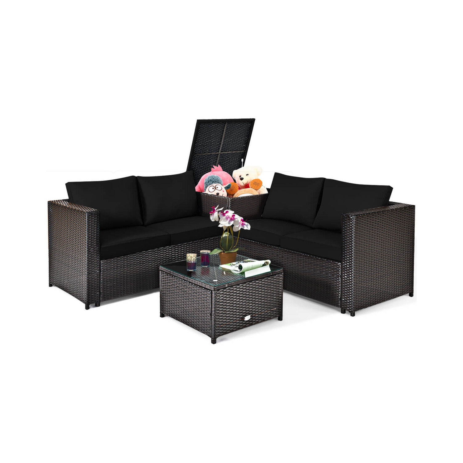 Costway 4PCS Outdoor Patio Rattan Furniture Set Cushioned Loveseat Storage Table