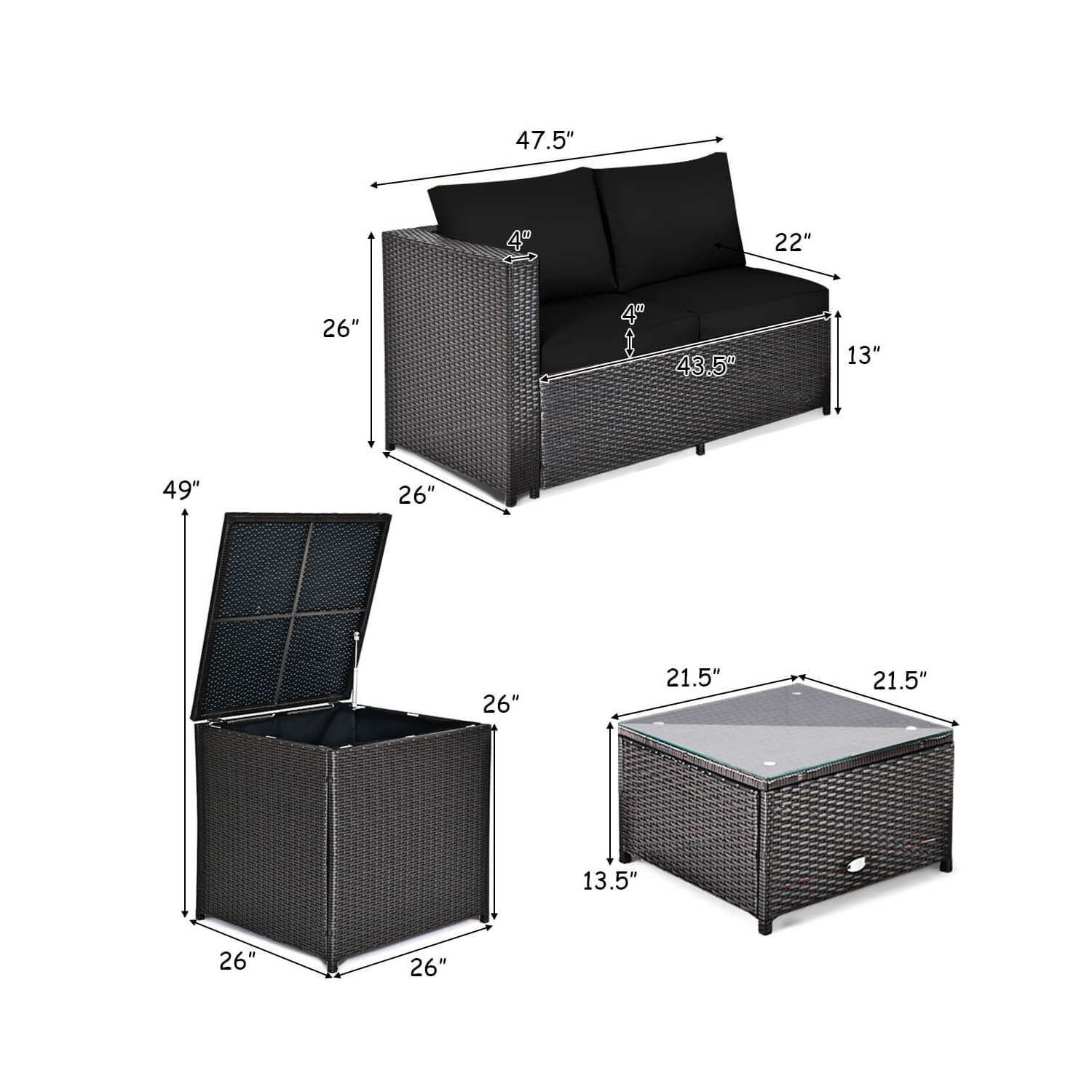 Costway 4PCS Outdoor Patio Rattan Furniture Set Cushioned Loveseat Storage Table