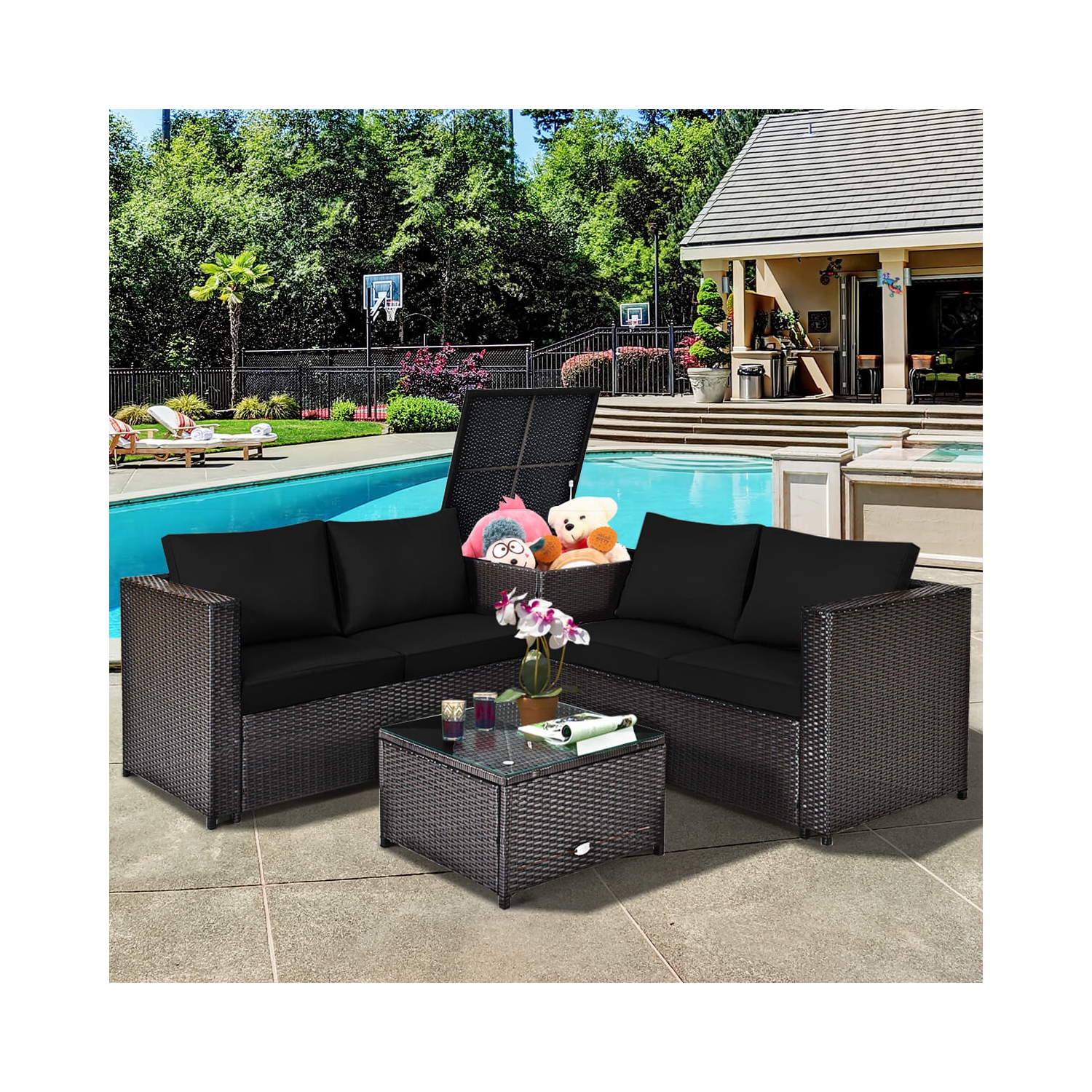 Costway 4PCS Outdoor Patio Rattan Furniture Set Cushioned Loveseat Storage Table