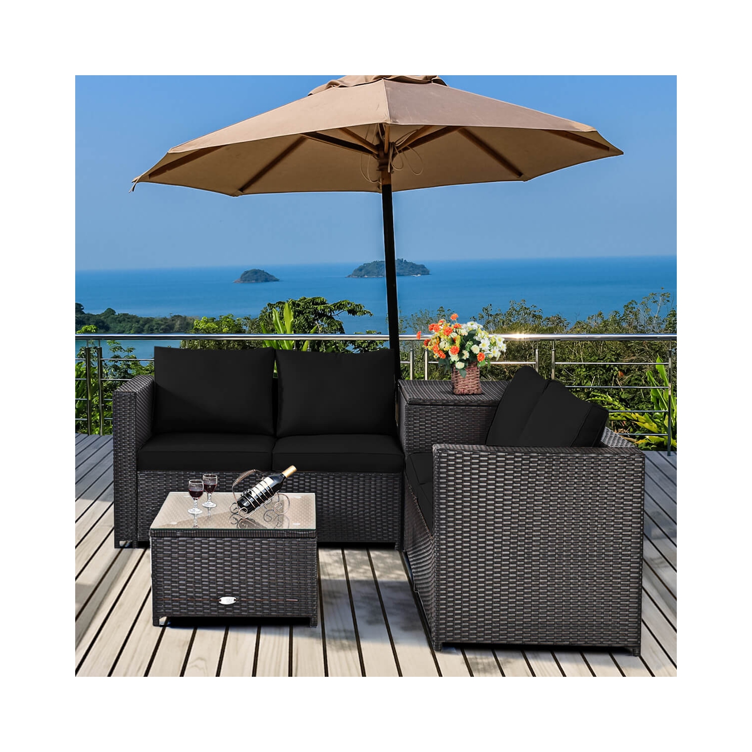 Costway 4PCS Outdoor Patio Rattan Furniture Set Cushioned Loveseat Storage Table