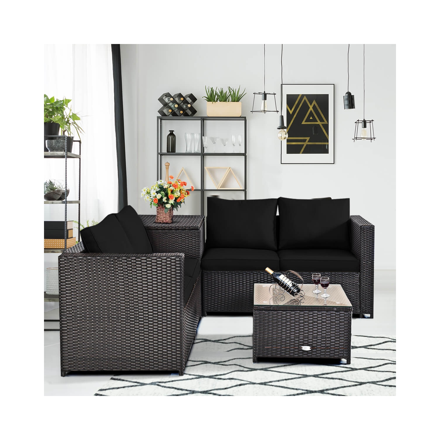 Costway 4PCS Outdoor Patio Rattan Furniture Set Cushioned Loveseat Storage Table