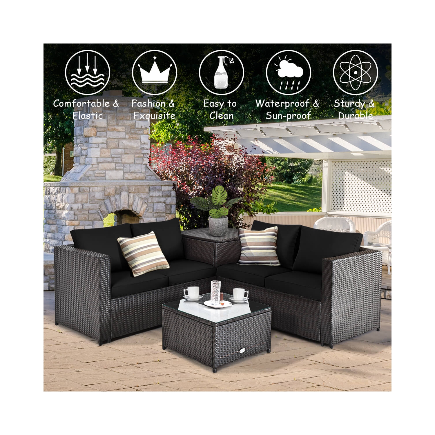Costway 4PCS Outdoor Patio Rattan Furniture Set Cushioned Loveseat Storage Table