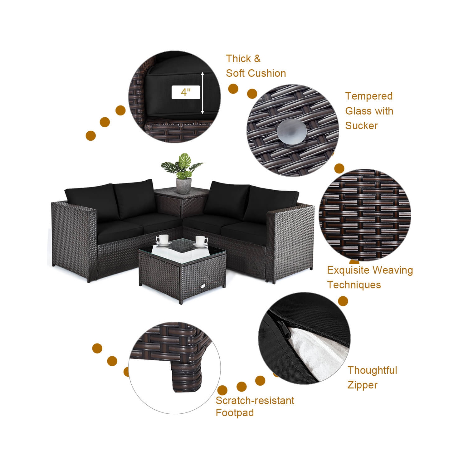 Costway 4PCS Outdoor Patio Rattan Furniture Set Cushioned Loveseat Storage Table