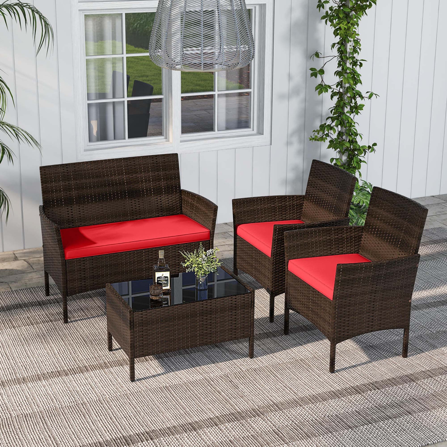 Costway 8 PCS Patio Furniture Set with Washable Cushions and Tempered Glass Coffee Table
