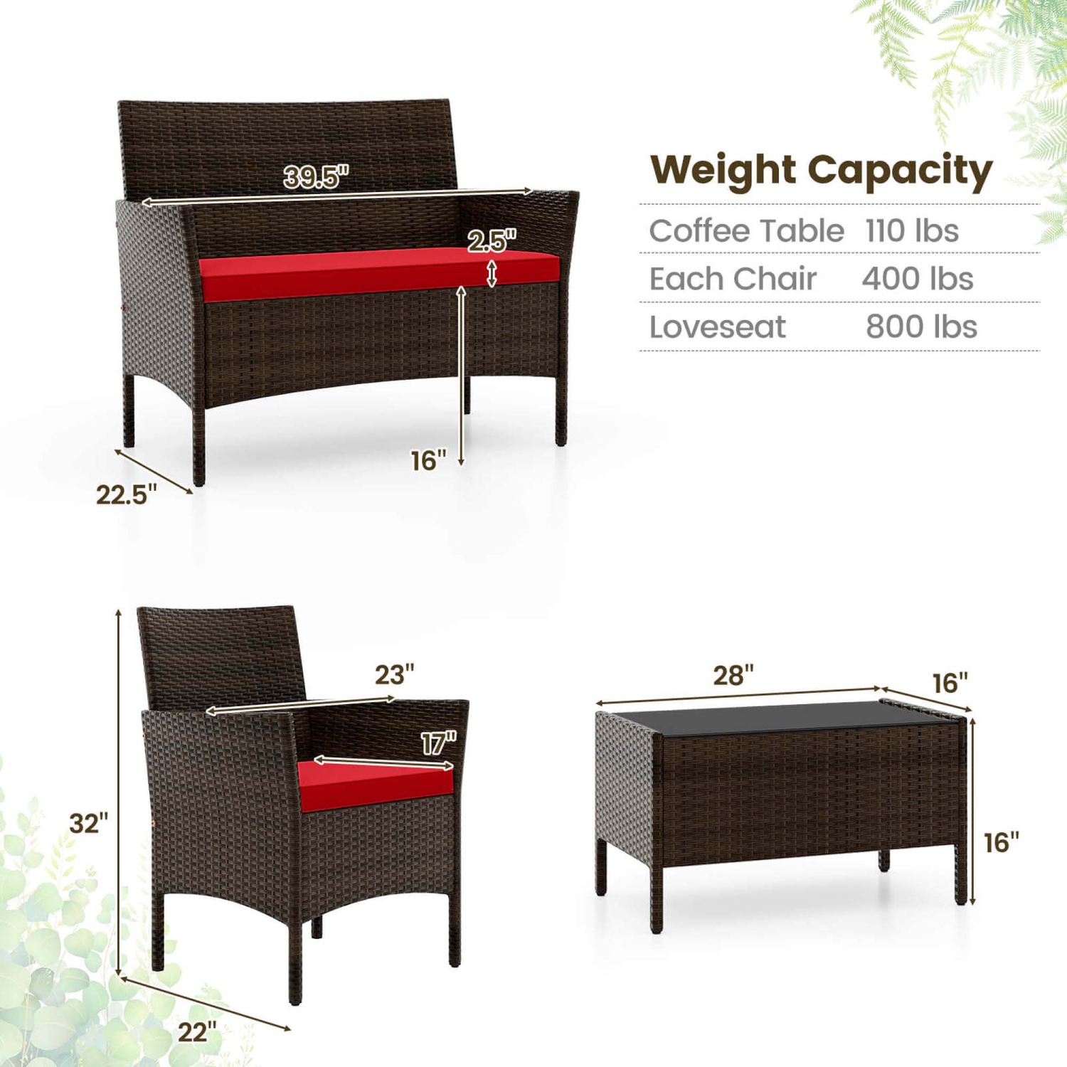 Costway 8 PCS Patio Furniture Set with Washable Cushions and Tempered Glass Coffee Table