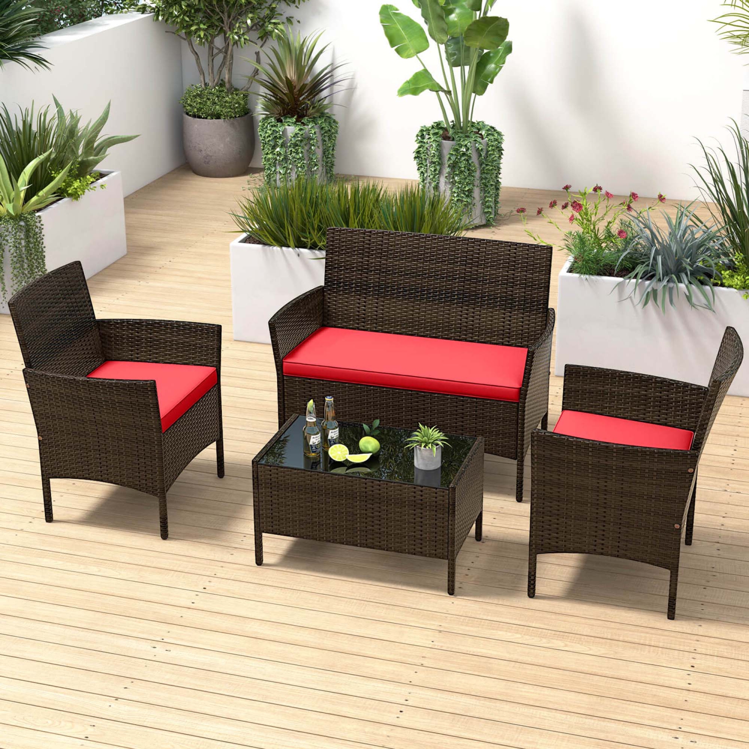 Costway 8 PCS Patio Furniture Set with Washable Cushions and Tempered Glass Coffee Table