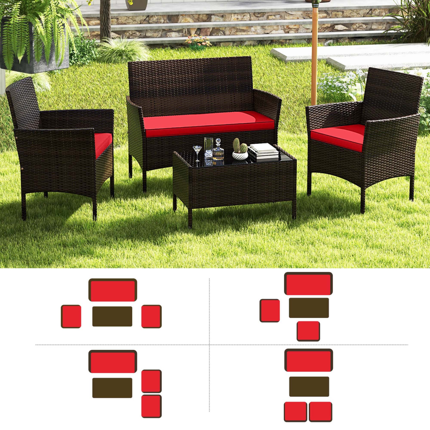 Costway 8 PCS Patio Furniture Set with Washable Cushions and Tempered Glass Coffee Table