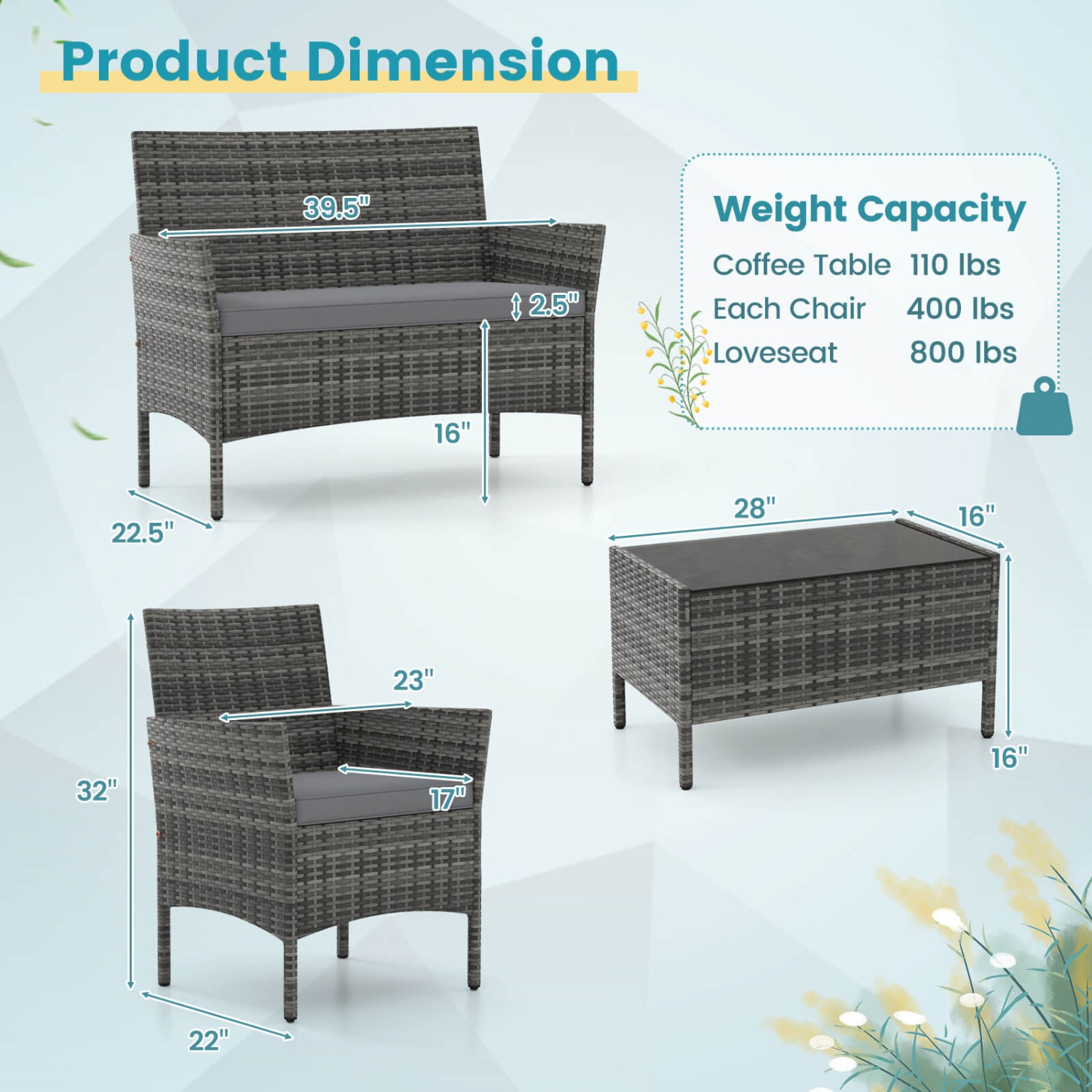 Costway 8 PCS Patio Furniture Set with Washable Cushions and Tempered Glass Coffee Table