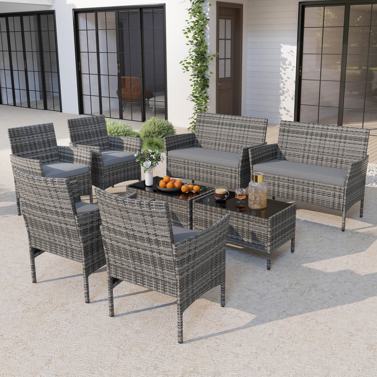 Costway 8 PCS Patio Furniture Set with Washable Cushions and Tempered Glass Coffee Table