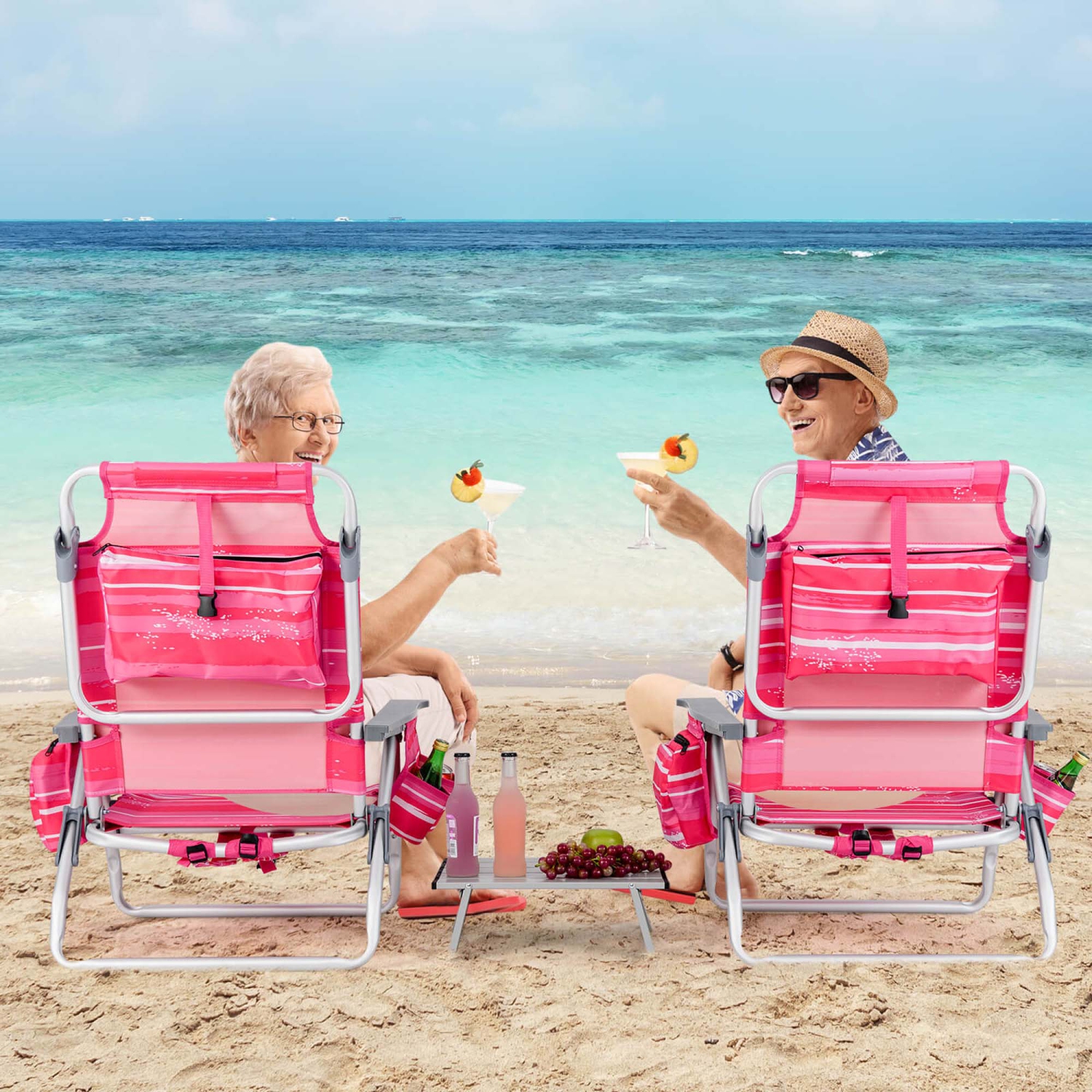 Ensemble de 2 chaises de plage pliantes/sac à dos avec table de plage et inclinaison extérieure à 5 positions de Costway