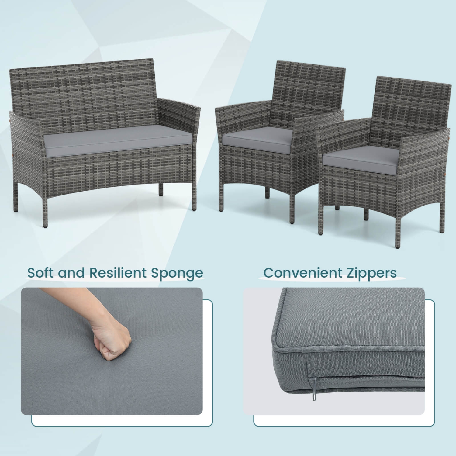 Ensemble de meubles de patio 4 PCS de Costway avec coussins lavables et table basse en verre trempé