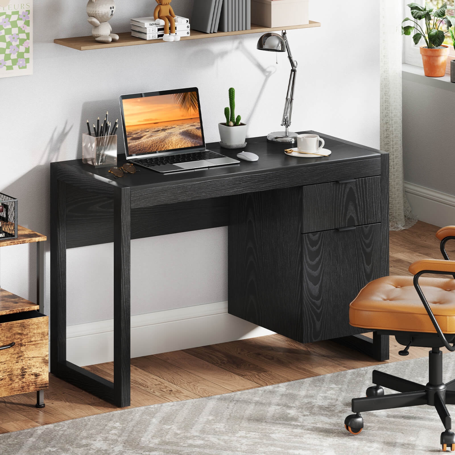 Costway Computer Desk with Storage Cabinet Pull-out Drawer Stable Thick Legs for Bedroom