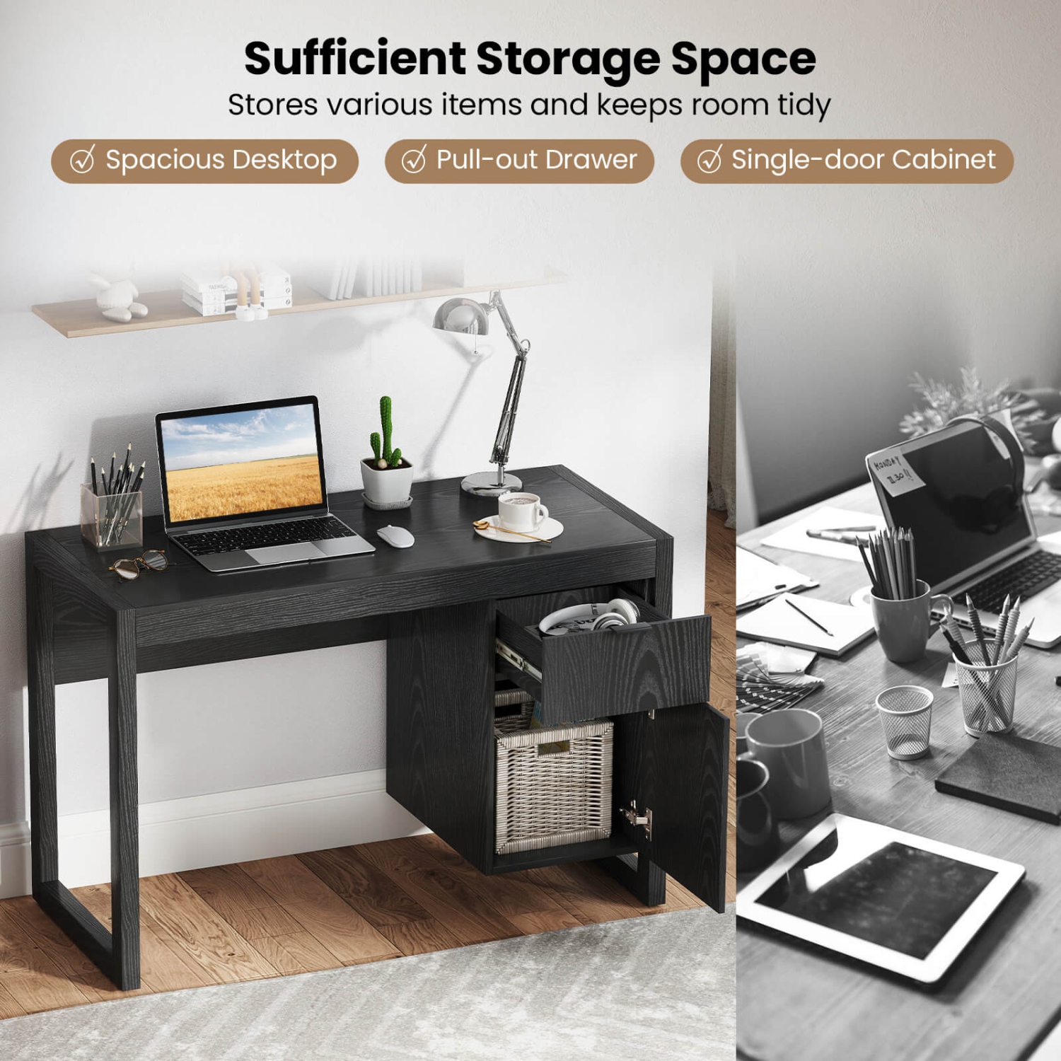 Costway Computer Desk with Storage Cabinet Pull-out Drawer Stable Thick Legs for Bedroom