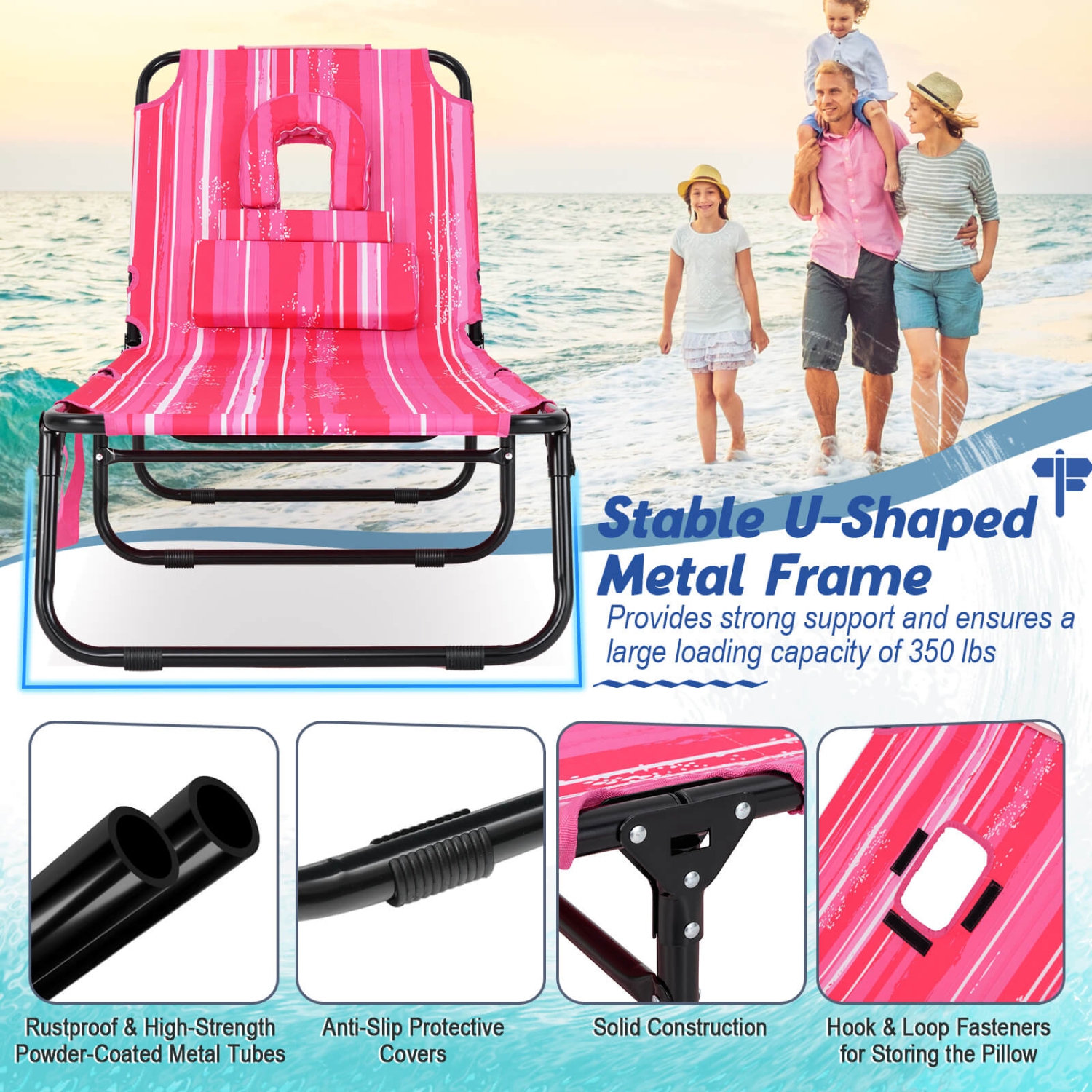 Chaise longue Beach de Costway avec coussins à trou frontal et dossier réglable à 5 positions